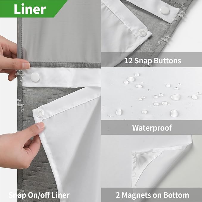 Extra Long Grey No Hook Shower Curtain with Snap-in Liner Set,Boho White Woven Fabric Tufted Chevron Striped Design,Modern Chic Minimalist Bathroom Curtain,71x86