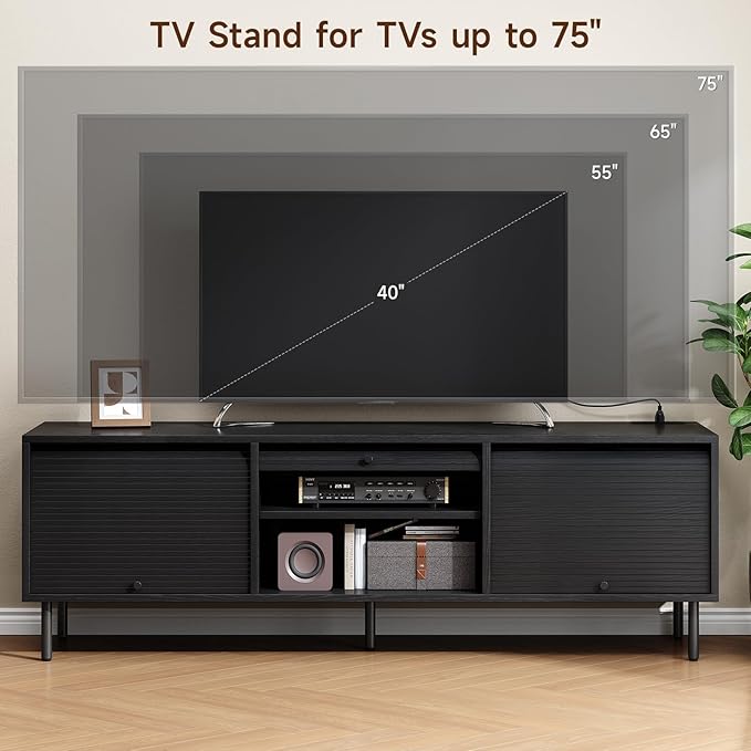 68 Inch TV Stand for TVs up to 75 Inch, Entertainment Center with Power Outlet, Mid-Century Modern TV Console with Storage, Adjustable Shelf & Sliding Doors, TV Stand for Living Room, Black