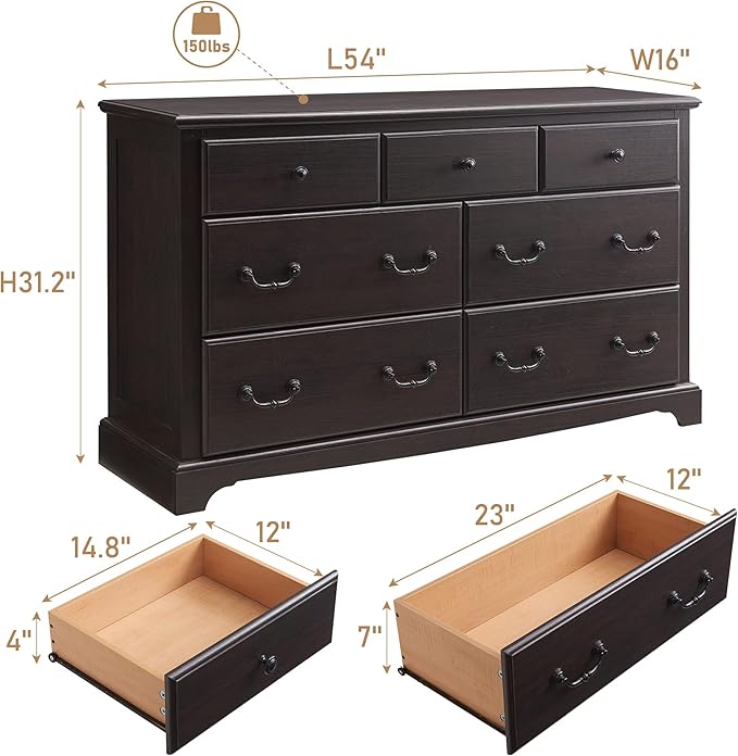 Farmhouse Dresser for Bedroom, 54" Modern 7 Drawers Dresser with Vintage Styles Pulls, Wood Rustic Closet Chest of Drawers for Living Room, Hallway, Espresso