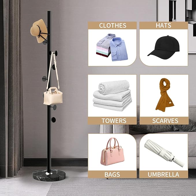 Modern Metal Coat Rack Stand with Natural Marble Base, Heavy Duty Coat Rack Freestanding with 8 Hooks, BlackStanding Coat Racks Hall Tree Stand for Bag, Jacket, Entryway Office