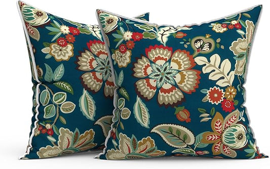 Outdoor Throw Pillow Covers Pack of 2, Decorative Water Repellent Square Pillow Cases 18x18 Inch, Patio Pillowcases for Home Patio Furniture Use, Peacock Blue