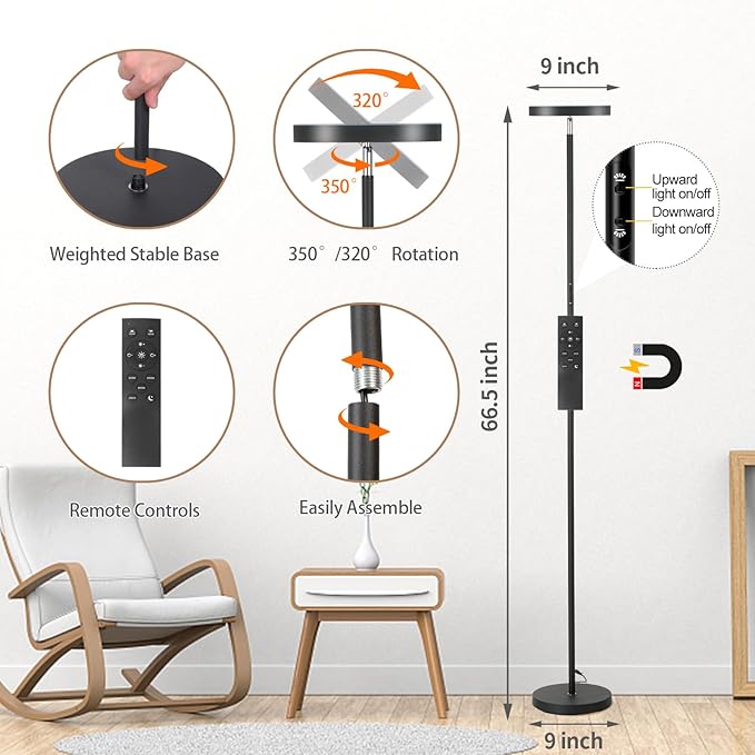 Floor Lamp, 36W/3600LM Stangding Lamp with Remote Control, Floor Lamps for Living Room Clearance, Stepless Adjust Color Temperatures &Brightness for Bedroom Office