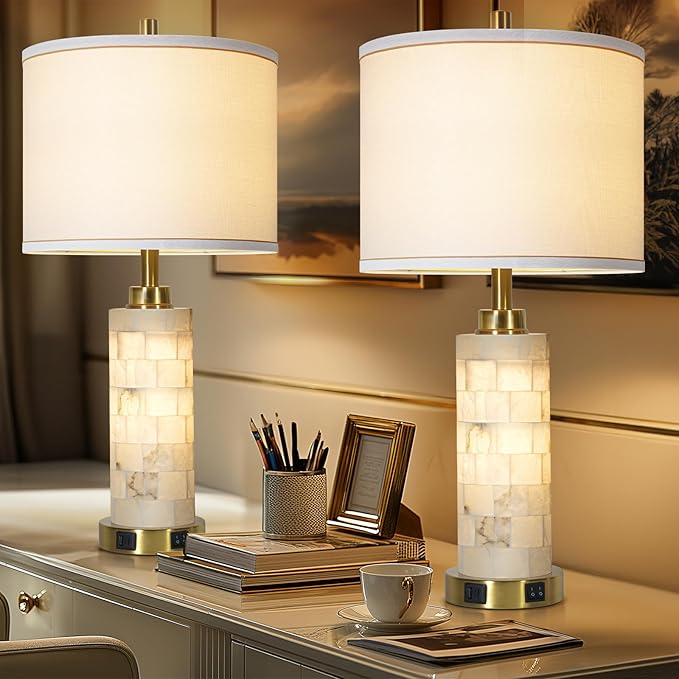 27" Alabaster Lamp,Table Lamps for Living Room Bedroom,Nightstand Lamps Set of 2 with Night Light,Bedroom Lamp with Linen Shade,Gold Table Lamp with USB A+C Ports for Bedside (Bulbs Included)