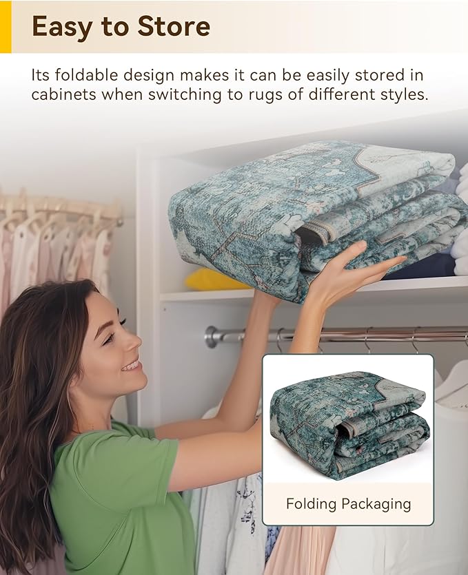 Area Rugs 6'x9' Washable Non-Slip, Floral Vintage Distress Print Pattern Medallion Carpet for Living Room Bedroom Dining Room, Dark Blue Vintage