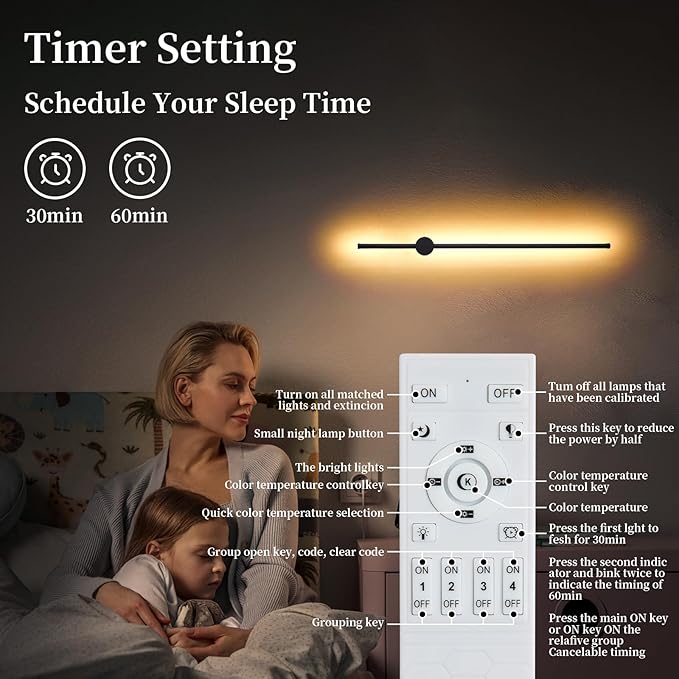 Dimmable Plug in Wall Sconce Set of 2,Black 31.5" LED Wall Light with Remote,Adjustable Color Temperature Brightness,Wall lamp with Timer for Living Room,Bedroom and Accent Lighting