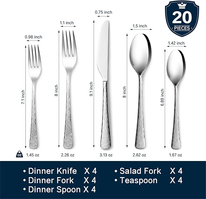 KINGSTONE Hammered Silverware Set, Flatware Set, 18/10 Stainless Steel Premium Cutlery with Unique Ripple Handles Design Mirror Polished - Dishwasher Safe (20-Piece)