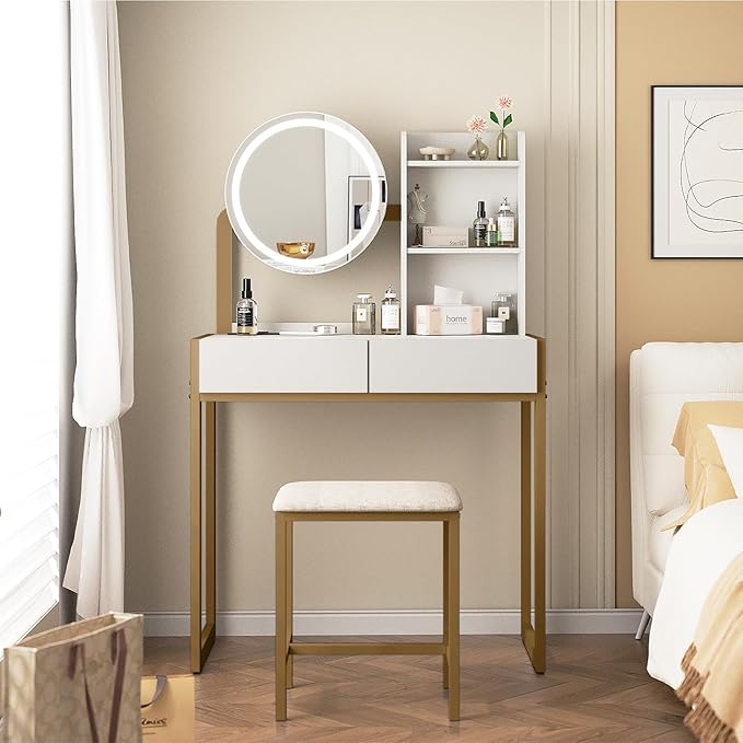 Small Vanity Desk with Mirror and Lights, Makeup Vanity Table with LED Mirror, 3 Lighting Modes, Power Outlet, Drawer, Open Shelves and Cushioned Stool for Bedroom (Gold)