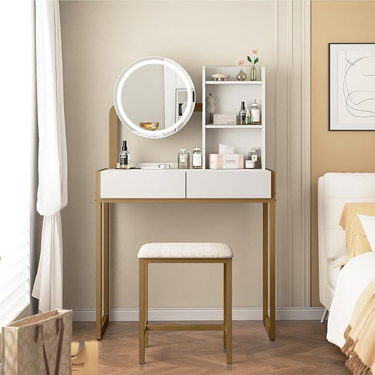 Small Vanity Desk with Mirror and Lights, Makeup Vanity Table with LED Mirror, 3 Lighting Modes, Power Outlet, Drawer, Open Shelves and Cushioned Stool for Bedroom (Gold)