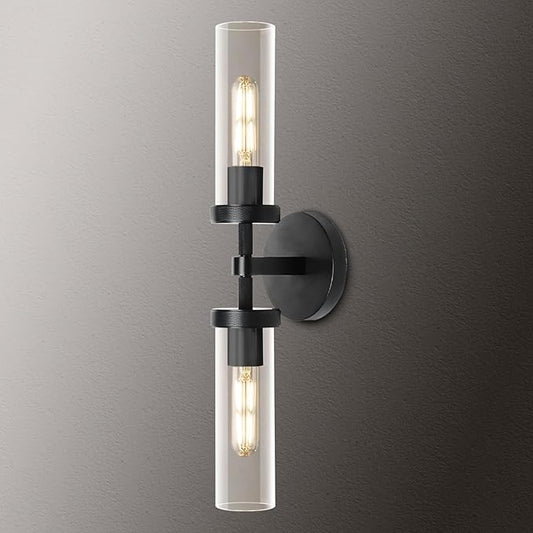 2-Light Black Knurled Wall Sconces, Glass Sconces Wall Lighting Indoor, Bathroom Vanity Light Sconces, Wall Lights for Living Room Bedroom Hallway Kitchen Bathroom Mirror, Including Bulb