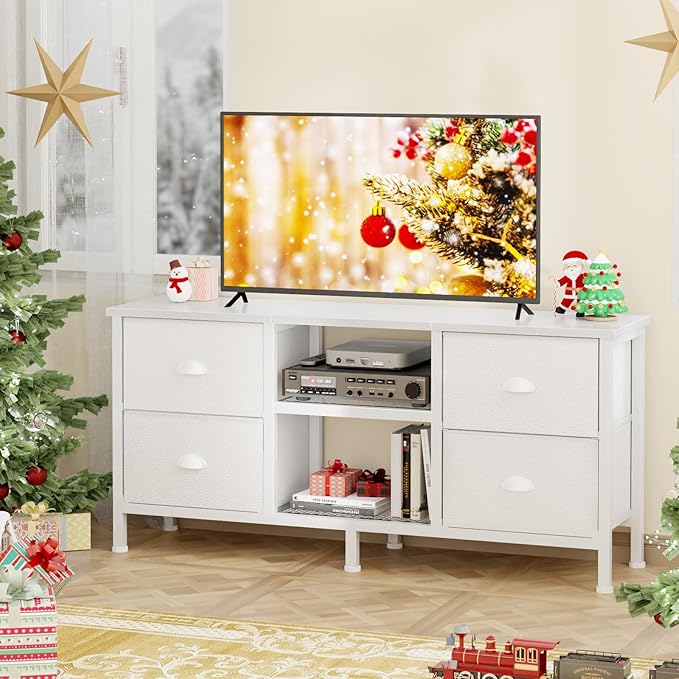 Furologee TV Stand Dresser with 4 Drawers, Entertainment Center with Open Shelf, Small Television Stands for 50" TV, Media Center for Bedroom, Living Room/White