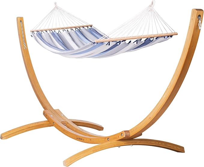 LA Siesta® Alisio Hammock with Spreader Bar & Elipso Stand, Outdoor Hammock with Stand Included Larch Wood Stand - Weatherproof Outdoor Hammock, 2 Person Hammock w/Stand - Max 355 Lbs, Sea Salt