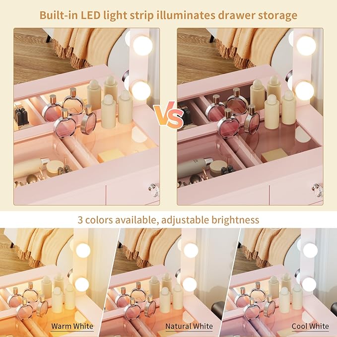 VOWNER Vanity with Lighted Mirror - Makeup Vanity Desk with Glass Top and 11 Drawers, 3 Color Lighting Modes Adjustable Brightness, 46" Vanity Table with Soft Cushioned Stool for Bedroom, Pink