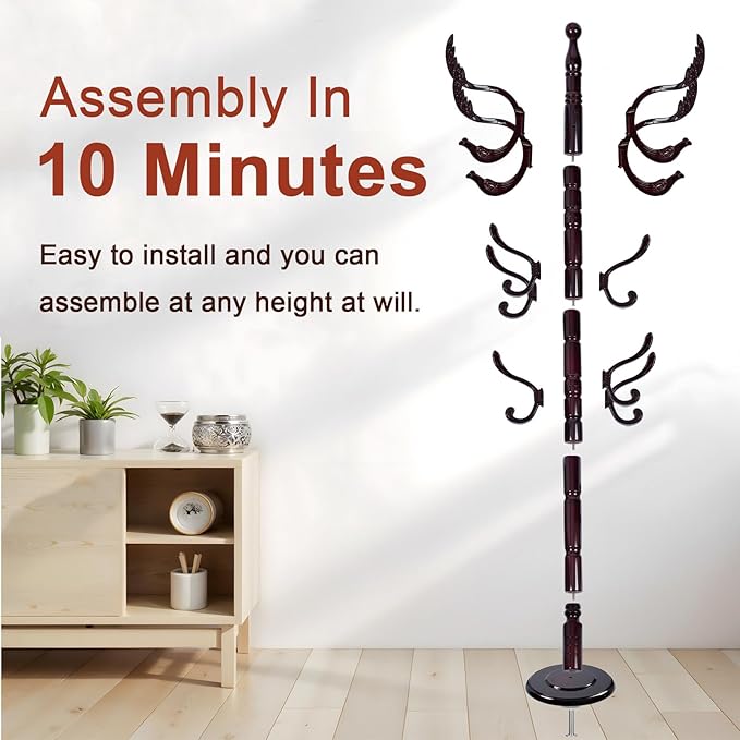 Coat Racks Freestanding, Natural Wood Coat Stands with 14 Hooks, 73" Heavy Duty Adjustable Height Vintage Hall Tree for Entryway, Bedroom, Office, Easy Assembly (Rosewood Fenghuang Gou)