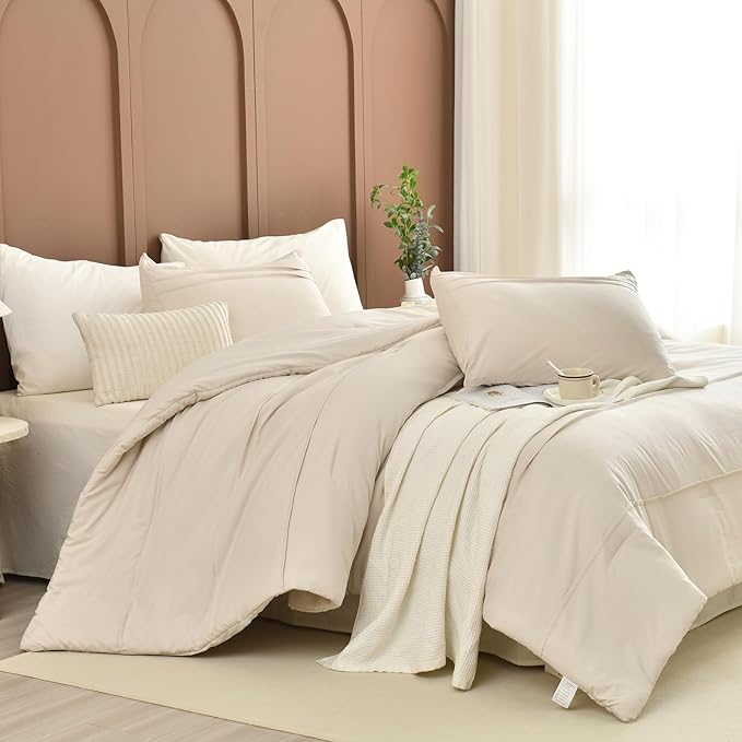 Sanracie Cotton King Comforter Set(106"x 95"),Wheat Colored Pinch Pleat Soft Comforter Bedding Sets 3Pcs Lightweight Breathable Bedding Set for All Season