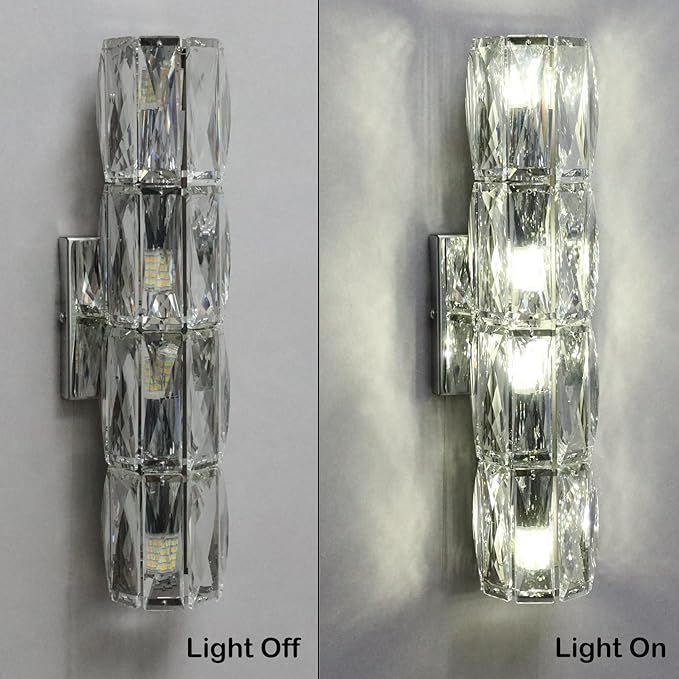 SAMTEEN Chrome Crystal Wall Sconce Modern 4-Light Crystal Sconces Wall Lighting Tube Shape Glass Wall Light Fixture for Bedroom Living Room Hallway Kitchen Bathroom Vanity Light