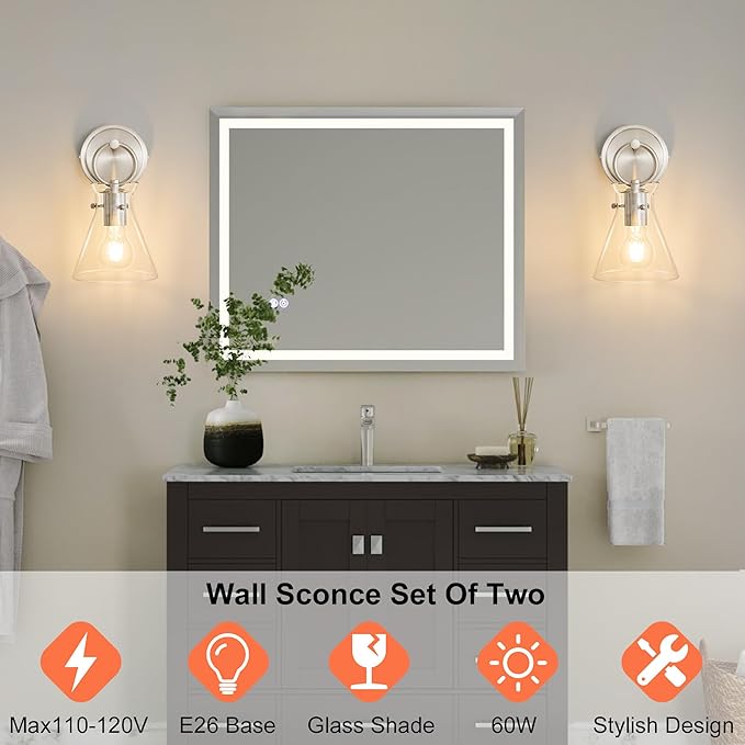 Wall Sconce for Bathroom Modern Vanity Light Fixtures Wall Mount Lighting Lamp Farmhouse Wall Lights with 6 Inch Clear Glass Shade for Bedroom Living Room Mirror Kitchen, Brushed Nickel, 1 Pack