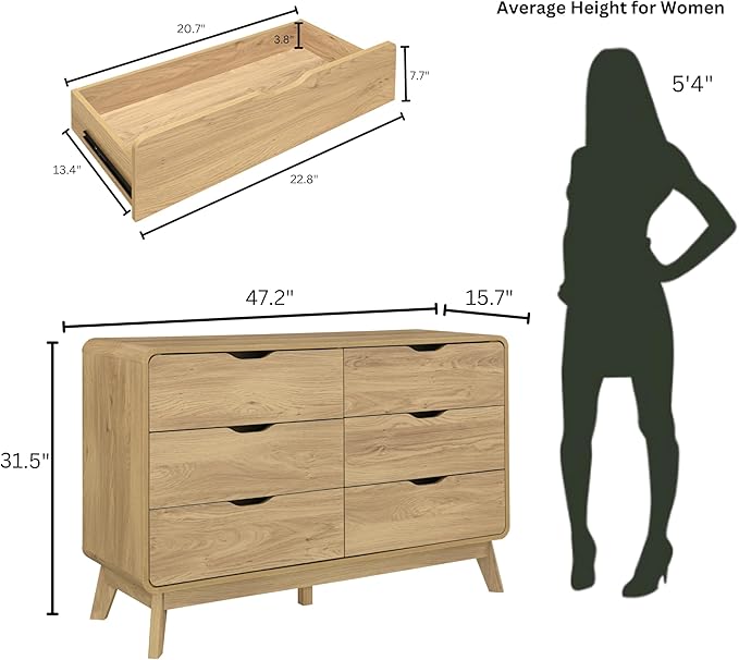 Meadow 6 Drawer Dresser for Bedroom, 47.2″ W Modern Wide Chest of Drawers, Wood Storage Organizer for Clothes, Entryway, Hallway, Nursery or Living Room, Oak