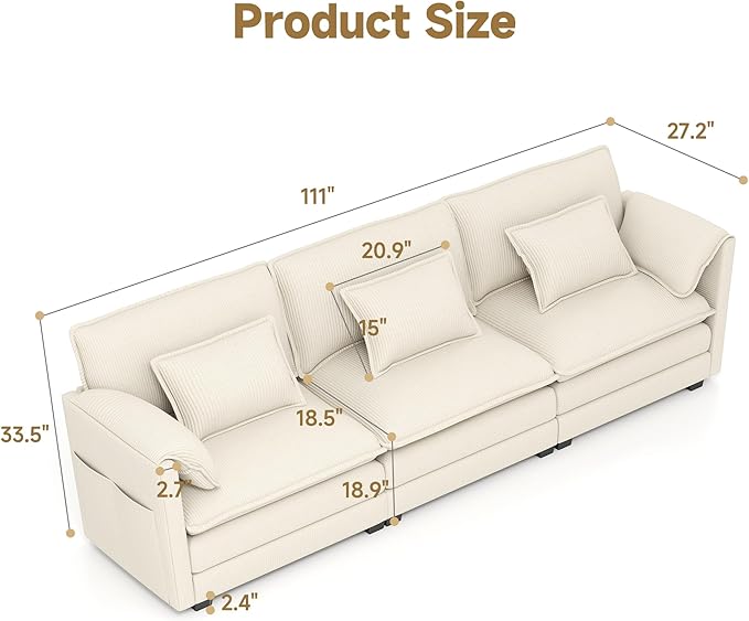 Real Relax 111'' Modular Sectional Sofa, 3 Seat Corduroy Convertible Couch with 6 Pillows and 2 Armrest Pillows for Living Room, Office and Leisure Places, Beige