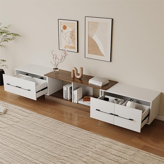 Extendable TV Stand, Modern TV Console with 4 Large Drawers and Adjustable Shelves, Entertainment Center Fits Up to 120" TV, Media Console for Living Room, Walnut & White (Extendable 74.8"-102.3")