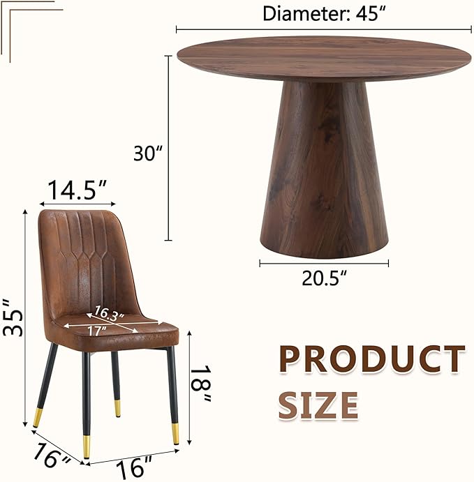 45 Inch Round Dining Table Set for 6, 7 Piece Kitchen Table and Chairs Set, Wooden Table with Walnut Finish, Small Space Dining Set for Apartment or Dining Room