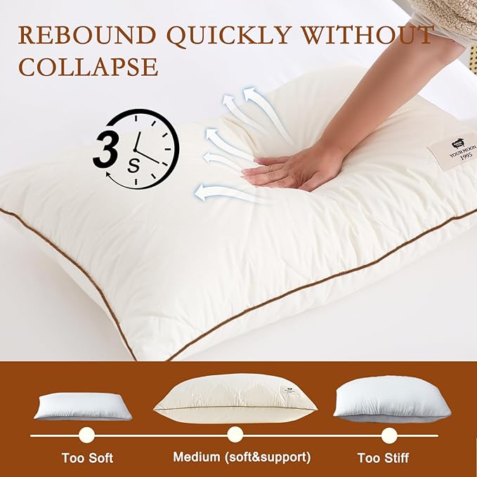 YOUR MOON Organic Wool Pillow Queen Size, Soft Breathable Support Bed Pillows for Sleeping, Luxury Down Alternative Pillow for Side & Back Sleepers, 100% Cotton Cover, Natural Wool Filling (Beige)