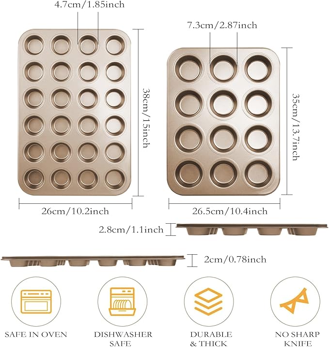 Nsmykhg Nonstick Muffin Pan,4 Packs Nonstick Muffin Pan, Mini Cupcake Pans Set, 12 Cup and 24 Cup Gold Carbon Steel Bakeware Muffin Tin Champagne Mini Muffin Tray Oven Safe Cupcake Mold