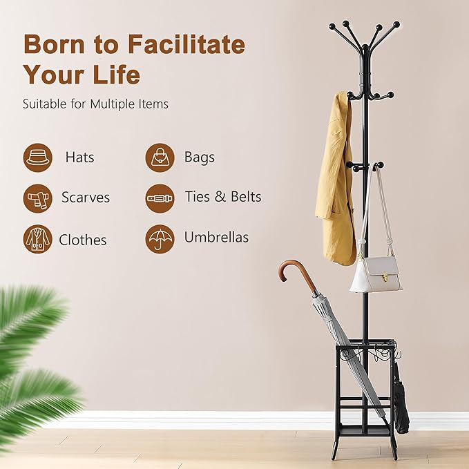 Hoctieon Coat Rack Freestanding, Coat Tree with Umbrella Holder, Metal Coat Rack Stand with 12 Hooks, Standing Coat Hanger Stand, Umbrella Stand for Entryway, Hat Rack Stand for Home Office, Black