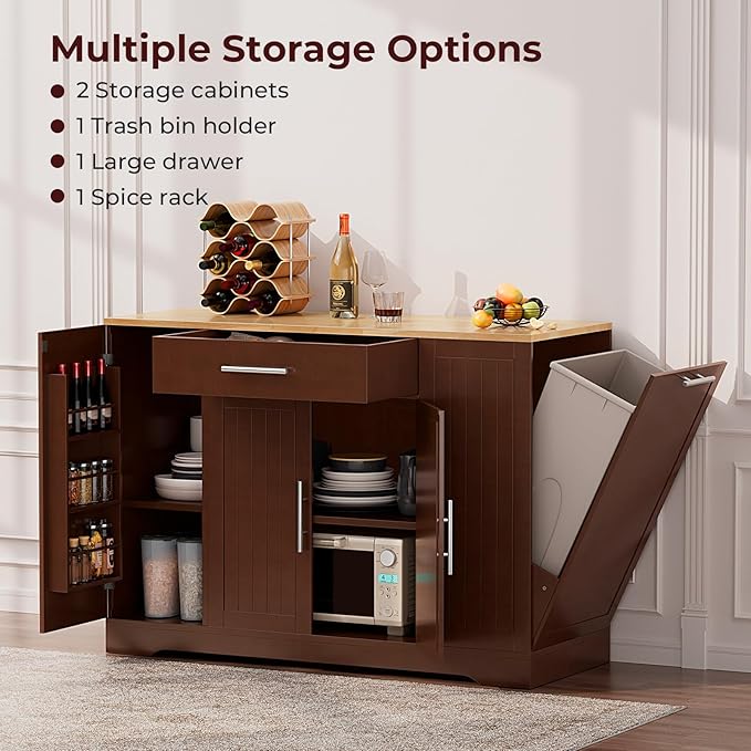53" Long Kitchen Island with Trash Can Storage, Walnut Kitchen Cart with Garbage Bin 10 Gallon, Portable Island with Trash Can, Wood Top, Spice Rack and Drawers