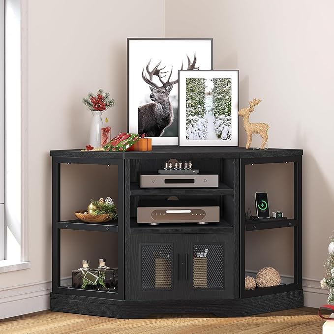 YITAHOME Corner TV Stand for TVs up to 55/50 Inch with Power Outlet, Modern Farmhouse Entertainment Center, Wood TV Media Console with Storage Cabinets Shelves for Living Room, 47" Black