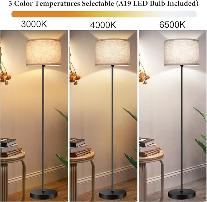TOBUSA 65’’ Floor Lamp for Living Room Bedroom with 3CCT LED Bulb, Modern Standing Lamp Drum Shade, Standing Lamp with Foot Switch Black Pole, Dimmable Simple Design Stand Up Lamp for Office Reading