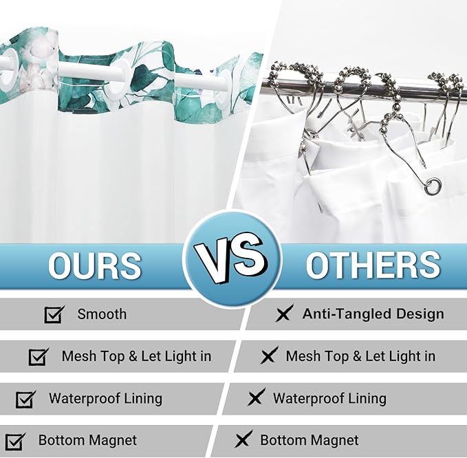 No Hook Shower Curtain with Snap in Liner - Eucalyptus Shower Curtain - Washable Waterproof Inner Liner, Plants Seaweed Green Leaves Modern Shower Curtains - Machine Washable, 71 x 74