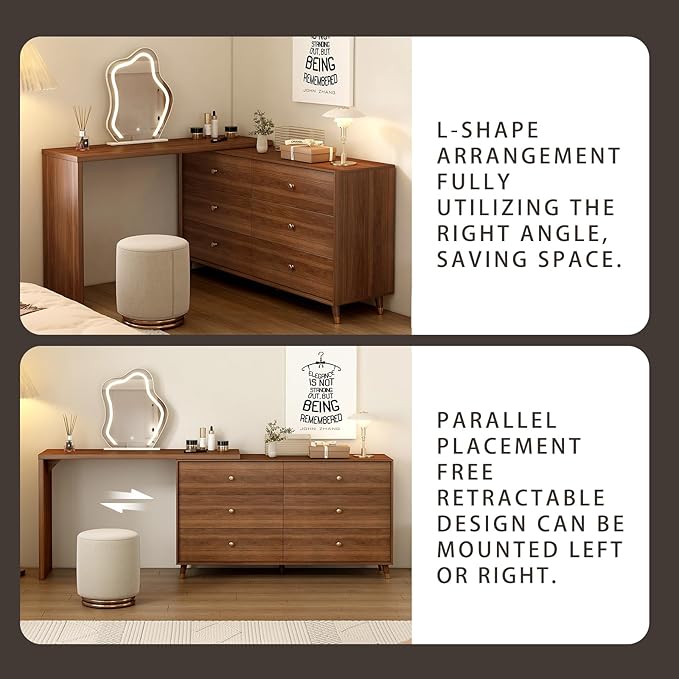 Makeup Vanity Desk Set with Cloud-Pattern HD Lighted Mirror and Stool, 50-90in Extendable Modern Vanity Table, 6-Drawer Solid Wood Frame Storage Cabinet, Bedroom Dressing Table, Brown