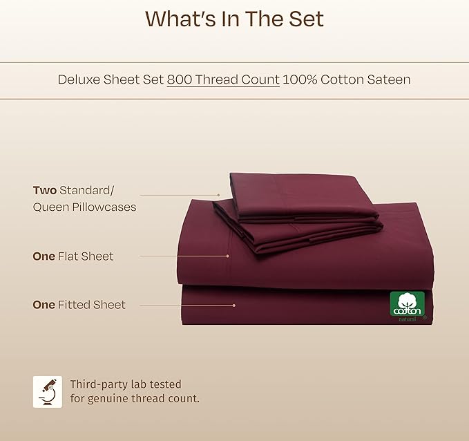 California Design Den Natural 100% Cotton Sheets Queen Size Bed Set Deep Pockets - Luxury Hotel 800 Thread Count, Soft Sateen Cotton Bed Sheets Queen, Anti-Skid Elastic, Cool and Durable - Red Wine