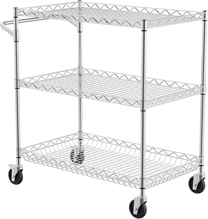 VEVOR Kitchen Utility Cart, 3 Tiers, Wire Rolling Table with 661 LBS Capacity, Steel Service Desk on Wheels, Metal Storage Trolley with 80 mm Deep Basket Curved Handle 6 Hooks