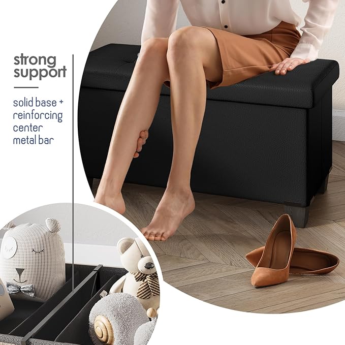 STORAGEBUD Storage Ottoman Bench with Bins, 30-in Storage Bench for Bedroom End of Bed, Folding Foot Rest Ottoman for Living Room Max 660lbs, Faux Leather Ottomans, Black