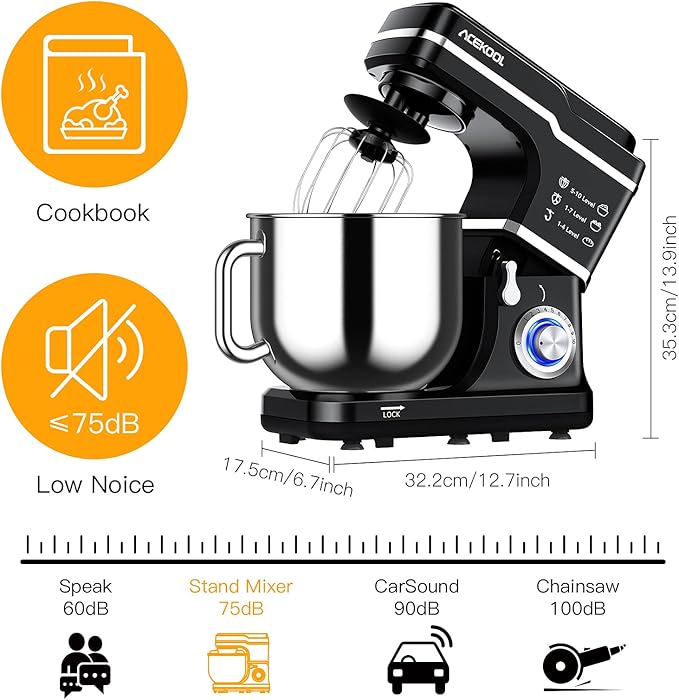 Stand Mixer, 7.5QT Kitchen Electric Food Mixer 10-Speed Tilt-Head Dough Mixer for Baking&Cake, with Stainless Steel Bowl, Whisk, Dough Hook, Beater, Splash Guard (660W) BLACK MC1