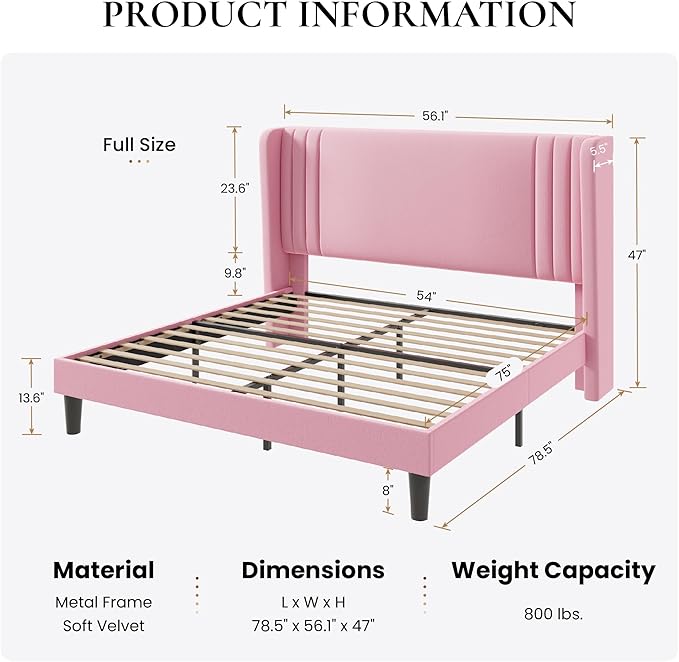 SHA CERLIN Full Size Velvet Upholstered Platform Bed Frame with Vertical Channel Tufted Wingback Headboard, Wooden Slats Support, Easy Assembly, Under Bed Storage, No Box Spring Required, Pink