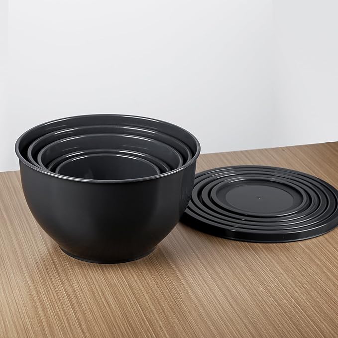 5-Piece Plastic Mixing Bowls with Lids Set for Kitchen, Nesting Bowls for Mixing, Baking, Prepping, Cooking and Serving Food, Grey Mixing Bowls Dishwasher, Microwave Safe, large