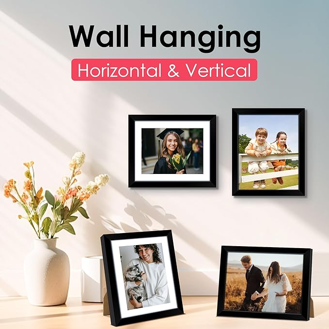 FIXSMITH 8x10 Picture Frame, Black Photo Frame with HD Plexiglass, Display Pictures 5x7 with Mat or 8x10 Without Mat, Picture Frames Collage for Tabletop or Wall Display, 1 Pack