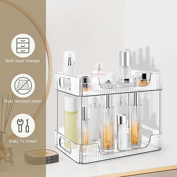 2-Tier Bathroom Counter Organizer Countertop Storage, Dresser Organizer Vanity Tray for Makeup, Perfume Organizer Cosmetics Skincare Shelf- Clear