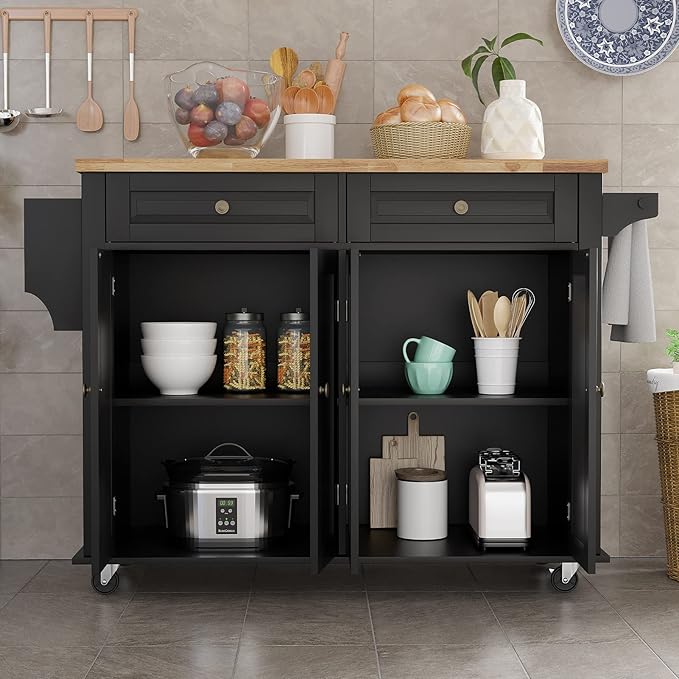Rolling Kitchen Island with Drop Leaf – Movable Kitchen Carts on Wheels Island with Storage Cabinet, Island Table for Kitchen with Rubber Wood Top and Rack and Drawer, Matte, Black