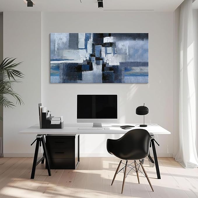 KLAKLA Large Abstracr Wall Art - Blue and Black Canvas Picture for Living Room Wall Decor - Bedroom Art Framed Artwork - Modern Wall Art - 24x48