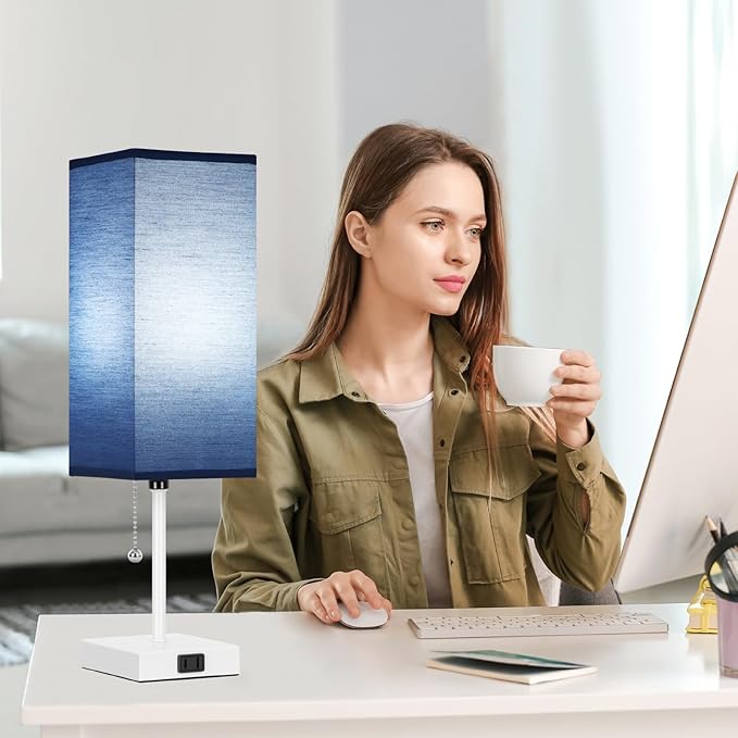 Table Lamp for Bedroom set of 2,3-Color Bedside Lamps with Pull Chain Table Lamps for Nightstand with AC Outlets,18'' Night Light Lamps with 2 Bulbs Lamps for Living Room Kids Office Decor（White-blue）