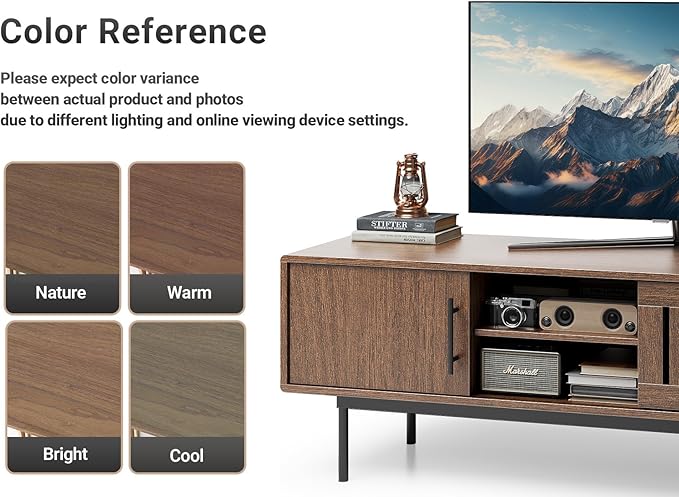 Claiks Mid Century Modern TV Stand for TV up to 70 inch, Entertainment Center with Sliding Barn Doors & Adjustable Shelve, Retro Low Profile Media Console TV Table for Living Room, Walnut