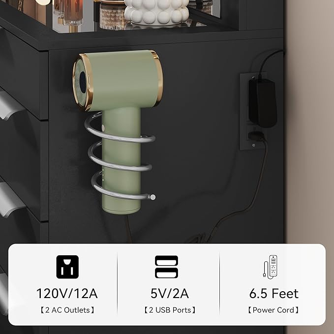 YITAHOME 46" Glass Top Vanity Desk with Mirror with Lights, Large Makeup Vanity Set with 10 Drawers & Storage Stool, Power Outlet, Dressing Table with 3 Adjustable Light Modes, Dressing Room, Black