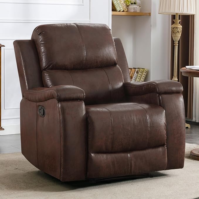 CANMOV Leather Recliner Chair, Classic and Traditional Manual Recliner Chair with Overstuffed Arms and Back, Manual Single Sofa with Concealed Cup Holders,Red Brown