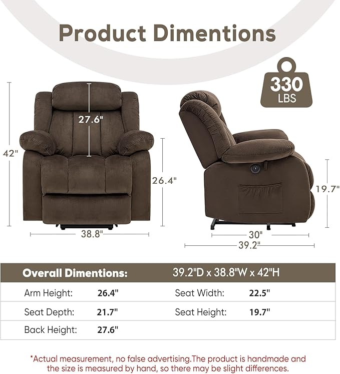 Power Lift Recliner Chair for Elderly with Heated and Massage, Adjustable Lift Chair Recliner, USB Port, Side Pocket, Plush Fabric, Brown