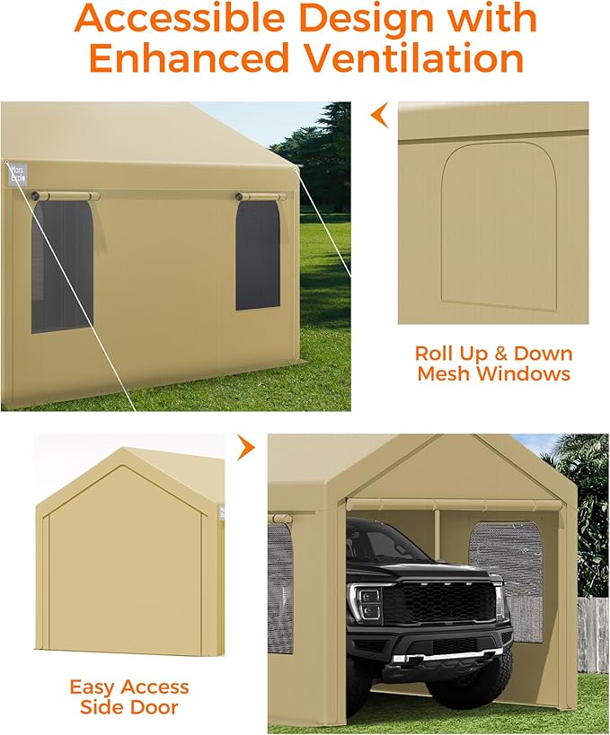 Carport, 12 x 20 FT Portable Garage Heavy Duty, Carport Canopy with Sidewalls Roll-Up Door & Windows, Car Port Canopy Tent Reinforced with Extended Skirt for Truck, Boat, Car Shed (Khaki)
