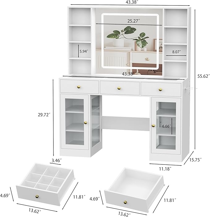 White Vanity Desk with Mirror and Lights, Glass Top Vanity with Lighted Mirror & RGB Cabinet and 3 Drawers, Dressing Table with 8 Shelves, Makeup Desk with Lights for Girls Bedroom, 3 Color Modes