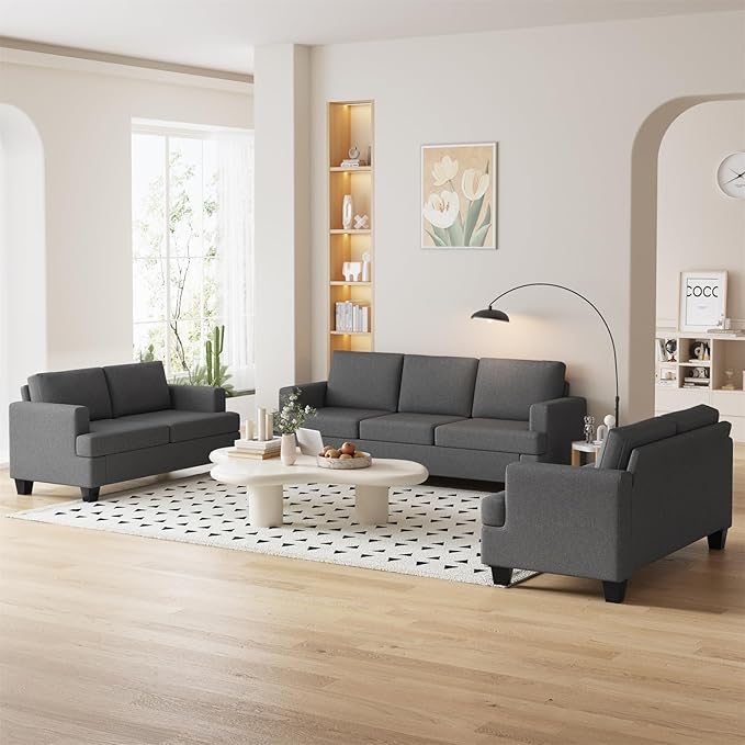 Furnimart Sectional Couches for Living Room, Modern 2 Loveseats and 3 Seater Couch, Deep Seat Sectional Sofa Set, Comfy Fluffy Grey Couch with Removable Sofa Cover, Dark Grey